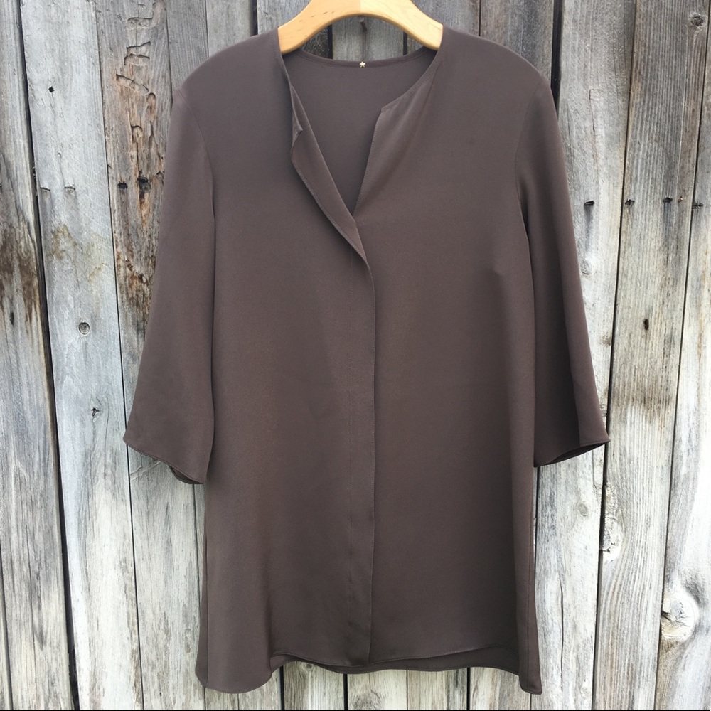 Peter Cohen 100% Silk Split Neck Tunic Top Brown L